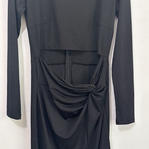 Lucca Dress M Black Belly Cut Out Twist Front Long Sleeve Slit Midi Sexy Party - Picture 3 of 7